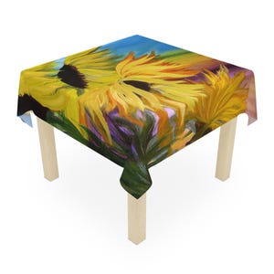 Sunflower field floral garden art house tablecloth with my art. Size 55 x 55 inches.Floral sunflowers table cloth decor.