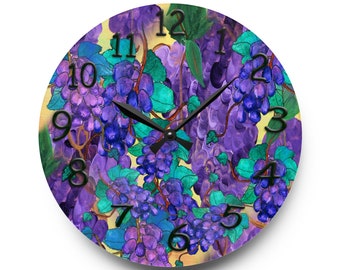 Purple grapes Wall Clock with my art. Kitchen grapes wall clock is available round or square.Acrylic wall clock.