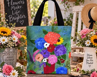 Colorful Floral Bouquet Tote | Hand-Painted Flowers All-Over Print