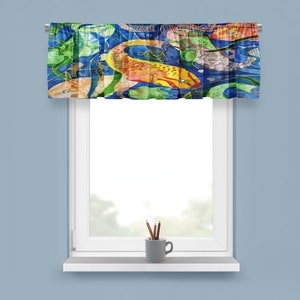 Tropical fish window curtain valance with my art. Valance and window curtains. Tropical fish with koi fish window curtain valance.