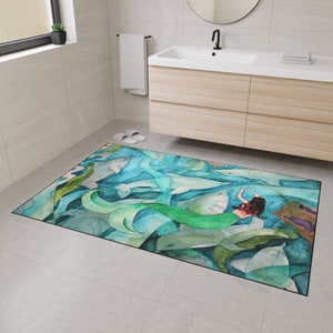 Aqua Mermaid and dolphins coastal tropical beach rug floor mat for indoor or outdoor with non-skid backing of my art. Heavy Duty Floor.