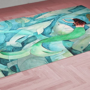 Aqua Mermaid and dolphins aqua ocean party coastal beach house Area Rugs of my art.