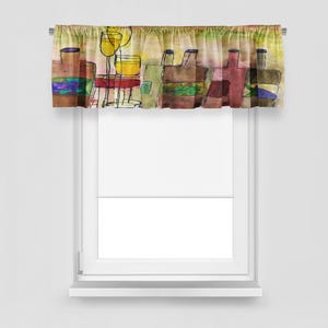 May include: A watercolor-style window valance featuring a bar scene with bottles, glasses, and a table. The valance has a yellow, green, and brown color scheme. The design is abstract and artistic, suitable for a kitchen or dining area.