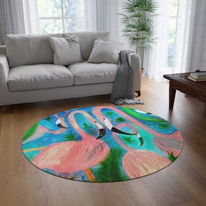 Flamingos party beach home art design coastal home 60&quot; Round Rug with my art. Rug is 5&#39; in diameter. Flamingos round rug.
