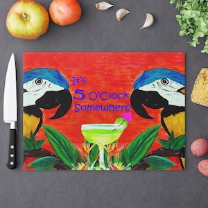 Parrot Head Tempered Glass Cutting Board: Tropical Tiki Bar Decor