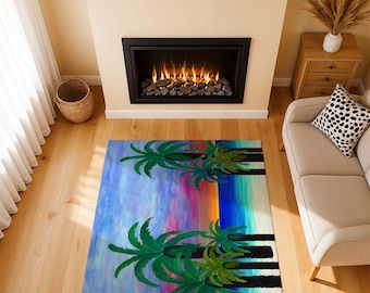 Tropical Sunset Palm Tree Area Rug: Coastal Beach Art