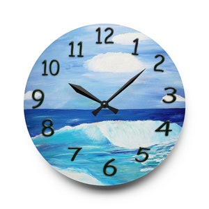 Coastal surf beach house Wall Clock with my art. Beach wall clock is available round or square. Beautiful acrylic coastal home wall clock.
