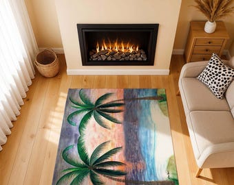 Sunset palm trees tropical coastal indoor chenille Area Rugs with my art.