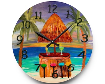 Tiki tropical beach bar Wall Clock with my art. Beach bar wall clock is available round or square. Beautiful acrylic coastal home