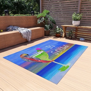 It's 5 O'Clock Parrot Cocktail Outdoor Rug | Tropical Beach Sunset Mat