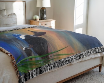 Loon lake house lodge Woven Blankets