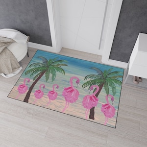 Fancy Flamingos coastal beach home door floor mat for indoor or outdoor with non-skid backing of my art.