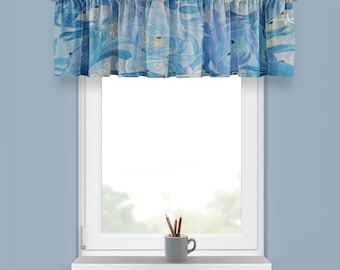 Blue crab party coastal window curtain valance with my art. Valance size 52" x 15" and 72" x 15". Beach house window decorative accessory.