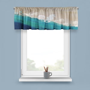 Coastal tide teal window curtain valance with my art. Beach house window decorative accessory. Several sizes.