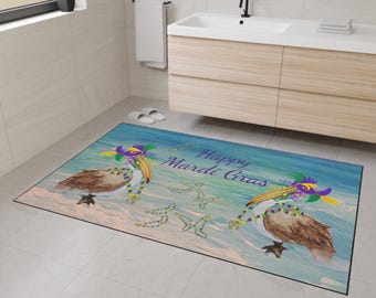 Mardi Gras Pelicans Floor Mat | Coastal Beach Party Rug, Non-Skid