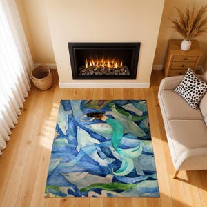 Dolphins and mermaid party coastal beach house Area Rugs of my art. Rectangular and round rugs.