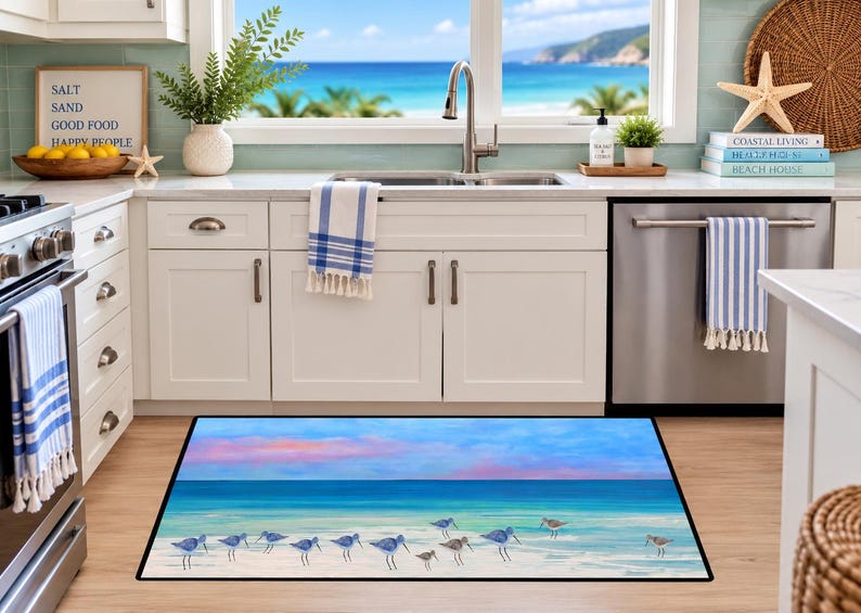 Op de afbeelding: Een rechthoekige vloermat met een bedrukte kustsc&egrave;ne van een zandstrand met meerdere kleine strandvogels bij het water. De afbeelding toont een turquoise oceaan onder een zachte roze en blauwe lucht, afgewerkt met een zwarte rand.