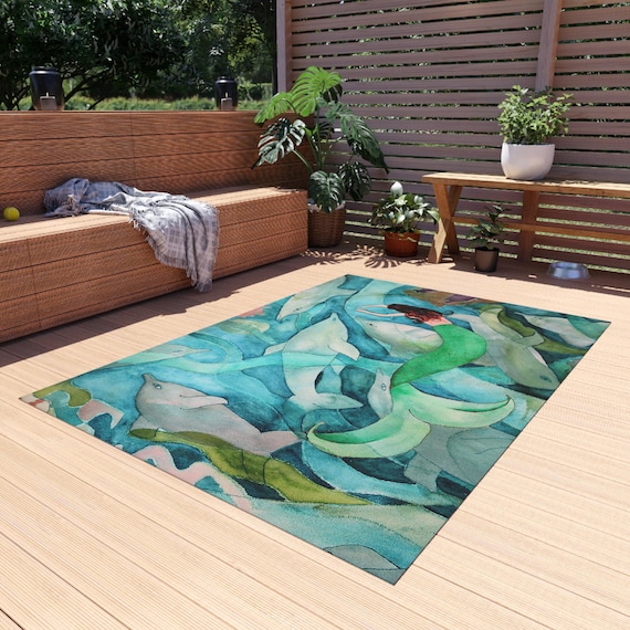 人魚とイルカの屋外用ラグ | 海の風景を描いた水彩画風マット - Etsy 日本
