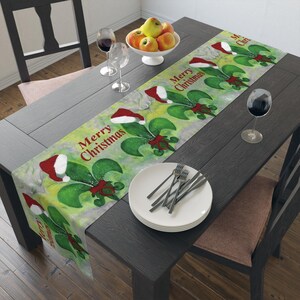 Christmas Santa fleur de lis festive Holiday table runner decor. Size 90&quot; x 16&quot;. Fleur de lis Christmas table decorations. Diner ware decor.