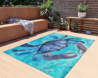 Blauw Crab Beach Art buitentapijt | Kust nautische terrasmat