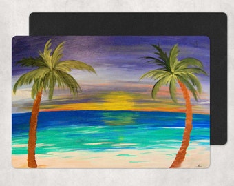 May include: A painting of a tropical sunset with two palm trees on a white sandy beach. The sky is a vibrant purple and orange with a yellow sun setting over the turquoise ocean.