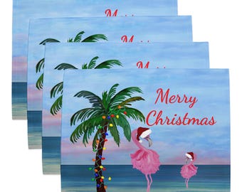 Santa Flamingo Christmas Holiday Table Placemat Set.