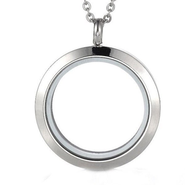 Floating Locket Pendant Necklace Stainless Steel Round with Twist On Closure 25mm and with 20" Chain