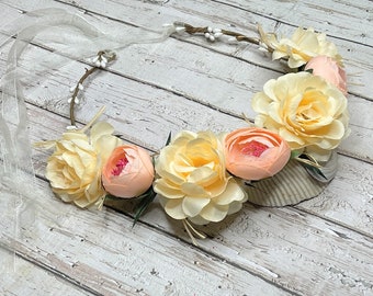 Flower Crown with Peach and Yellow Flowers For Bride, Beach Wedding, Hawaiian Luau, Beach Parties, Boho or Hippie Events