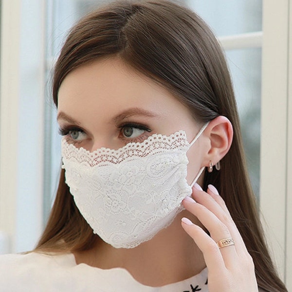White Lace Face Mask with Pearls, Mask with Chain, Wedding Mask, Bridal Face Mask, Pretty Face Mask For Work,  Also in Gray, Pink or Black