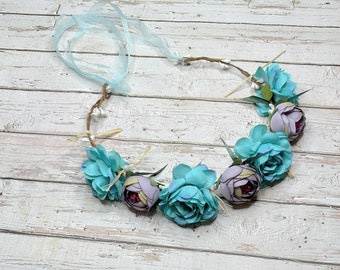 Flower Crown with Blue and Purple Flowers For Beach Wedding, Hawaiian Luau, Beach Parties, Boho or Hippie Events