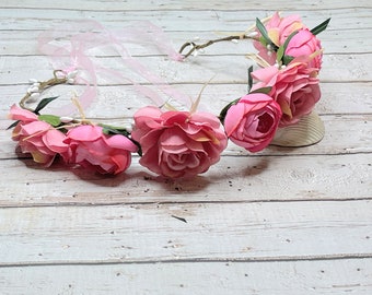 Flower Crown with Pink Flowers For Beach Wedding, Hawaiian Luau, Beach Parties, Boho or Hippie Events