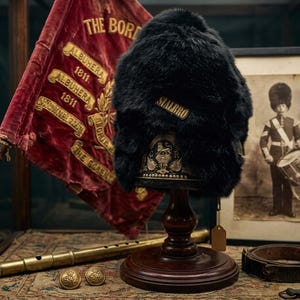 May include: A tall black fur busby hat with a SIALBRO label, resting on a dark wooden stand. Beside it are two gold-toned buttons, a brass flute, a red velvet flag with gold embroidery, and a framed photograph of a drummer in uniform.