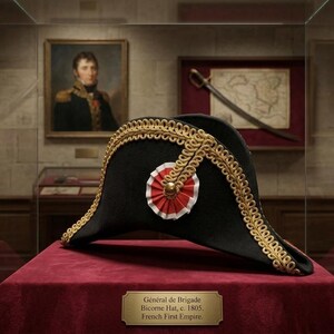May include: A black bicorne hat with gold detailing and a red and white rosette, presented in a museum display. The label reads "Général de Brigade Bicorne Hat, c. 1805 French First Empire."