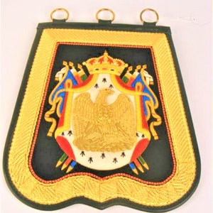 May include: A black velvet banner with a gold embroidered border and a gold embroidered coat of arms featuring a crowned eagle, flags, and a crown.
