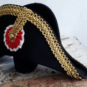 Napoleon Bicorne Hat with Gold Trim – American Cocked Hat with Red White Blue Cockade – Historical Military Replica