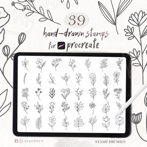 Procreate flower line Stamp Brushes / 39 hand-drawn stamps / tattoo flower brush, simple minimal, floral line art, botanical fine line