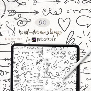 May include: A set of 90 hand-drawn stamps for Procreate, featuring various designs including arrows, swirls, hearts, stars, leaves, and banners. The stamps are black and white and are displayed on a white background.