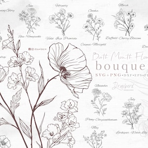 Birth flowers Bouquet svg bundle / 12 hand-drawn monthly flowers, boho botanical fineline art, DIY birthday flower designs, Cut File