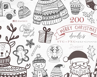 Doodle Christmas SVG Bundle | 200 Cute Hand Drawn Ornaments | Boho Scandi Winter Holiday Cut Files | Cricut Svg Png Eps Dxf