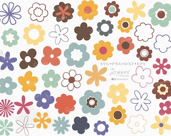 Retro Flower SVG Bundle | Groovy 60s & 70s Hippie Flowers, Boho Daisies, Funky Hippy Clipart | Svg, Png, Dxf, Eps Cut Files