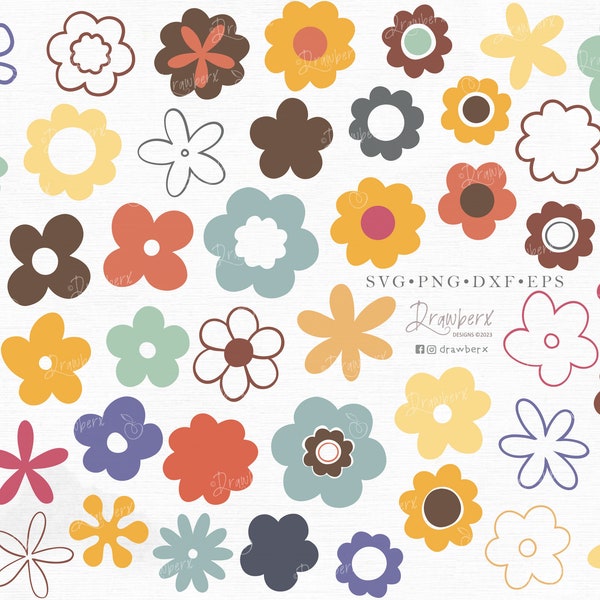 Retro Flower Svg, Groovy svg clipart, 60s, 70s hippie Flowers, boho daisies, Funky Hippy flowers bundle, cut file / svg, png, dxf, eps