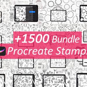 Könnte beinhalten: Eine digitale Sammlung von 1500 Procreate-Stempeln mit verschiedenen handgezeichneten Illustrationen, darunter Tiere, Blumenkränze, botanische Elemente, Herzen und dekorative Schnörkel auf mehreren Tablet-Bildschirmen.