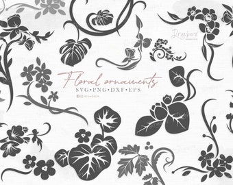 Floral Swirl SVG, Decorative Corner Vine Flourish Design, Ornaments Svg, Leaves & flowers frame, swoosh cut file / svg, png, dxf, eps, pdf