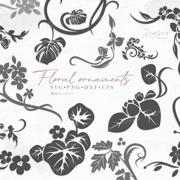 Floral Swirl SVG, Decorative Corner Vine Flourish Design, Ornaments Svg, Leaves & flowers frame, swoosh cut file / svg, png, dxf, eps, pdf
