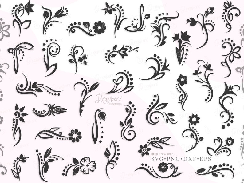Floral Swirl svg, Decorative doodles swoosh flourish svg, dots and flower vine swirl, swiggly corner ornament /Cut File, svg,png,dxf,eps,pdf image 2