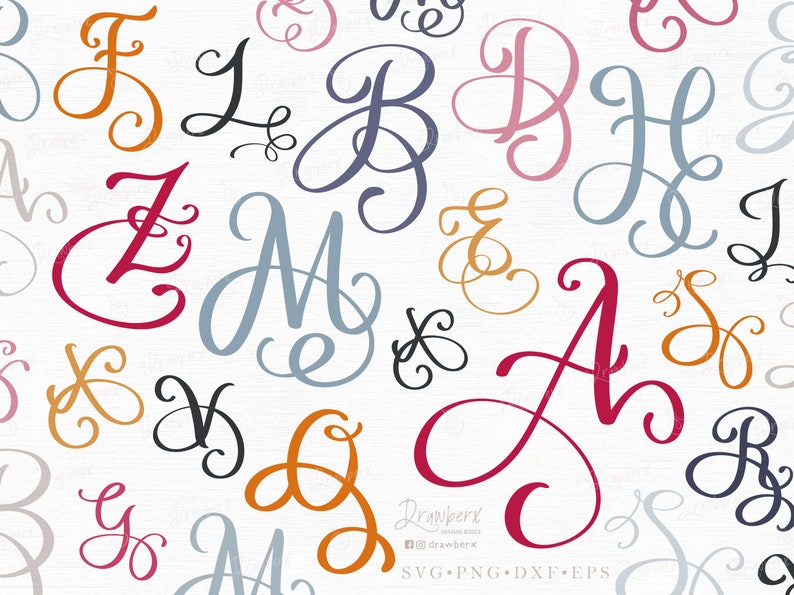 Fancy Capital Letters svg, Monogram Alphabet Svg, Flourish Letter, Cursive script initials / Cut Files, Svg, Png, Eps, Dxf image 1