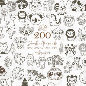 Cute Animal Svg Bundle, doodle, woodland, farm, zoo, wild safari animals, scandi dinosaur, boho nursery animals abstract cutfile svg png dxf