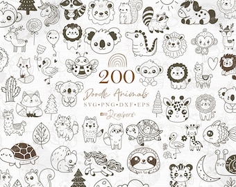 Cute Animal Svg Bundle, doodle, woodland, farm, zoo, wild safari animals, scandi dinosaur, boho nursery animals abstract cutfile svg png dxf