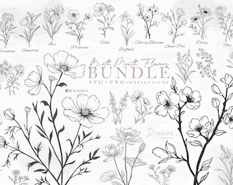 Hand Drawn Birth Month flowers Svg,png bundle / 25 birthday flowers outline, botanical art, floral tattoo design, clipart, Cut File