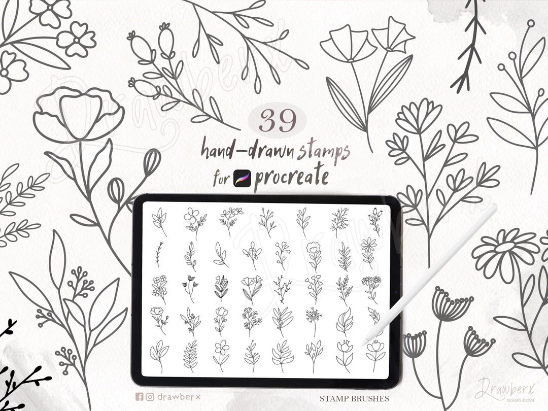 Procreate Flower Line Stamp Brushes / 39 Hand-drawn Stamps / Tattoo ...